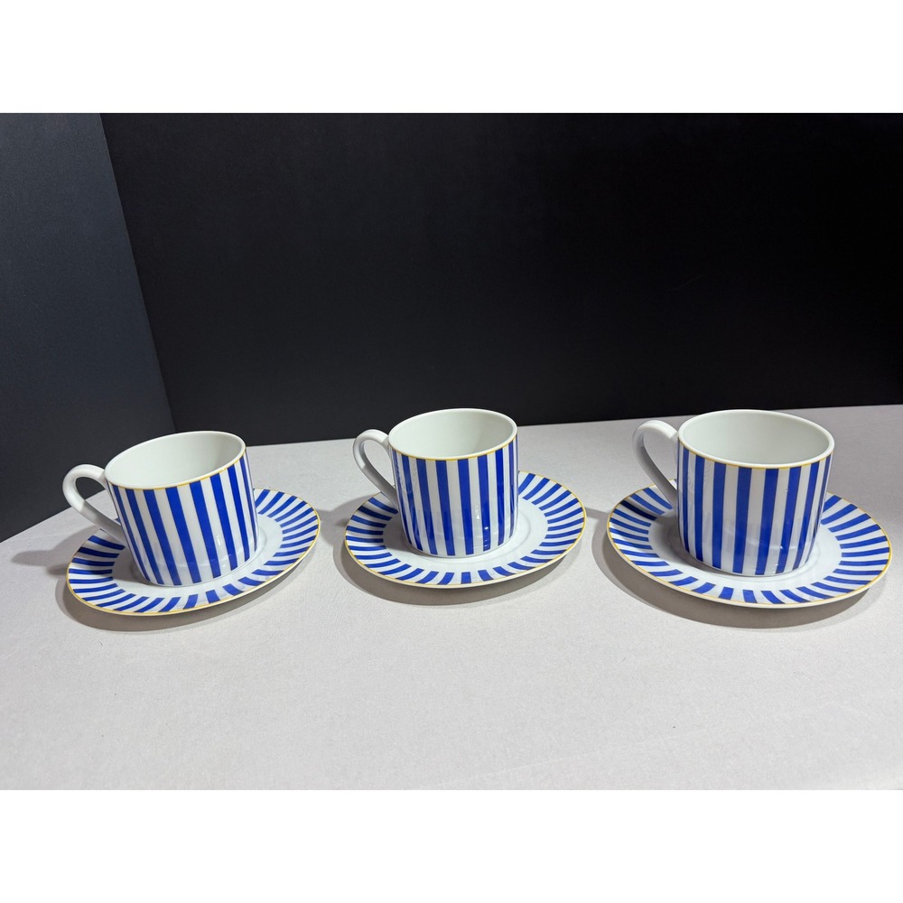 Vintage IKEA SPAL Blue White Striped Espresso Cup Saucer Set of 3 Portugal